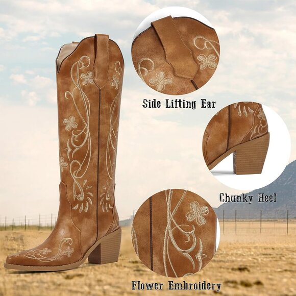 Women's Brown Floral Embroidered Pointed Toe Chunky Heel Classic Cowboy Boots - Picture 3 of 6